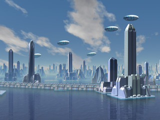 Naklejka premium UFO over Futuristic Alien City