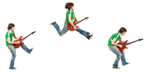 three poses of a jumping guitarist