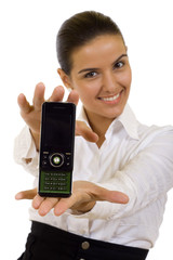 businesswoman presenting a mobile phone