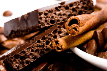 chocolate, coffee and cinnamon sticks