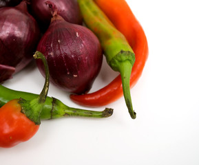 red onion, chilli pepper and haricot beans, close-up