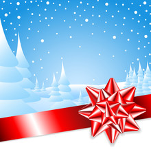 Obraz premium Red ribbon with bow with Christmas landscape
