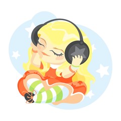 illustration of a cute girl listening to music in headphones