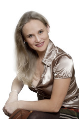 Portrait of attractive blond woman over white