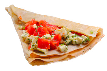 Cheese and tomatoes turned in the baked dough.