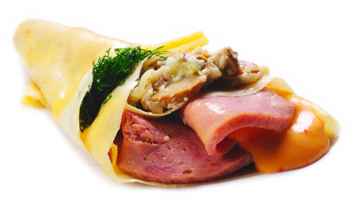 Sausage and mushrooms turned in the baked dough.