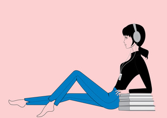 Girl listening  in headphones. Vector illustration.