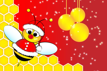 Christmas card with a bee Santa Claus and beehive