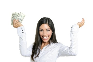 Beautiful success businesswoman holding Dollar notes