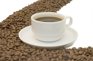 Coffee cup and grain on white background