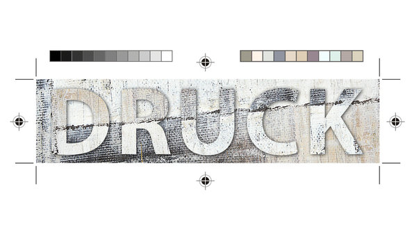 Druck-Grafik, Druck-Datei mit Passermarken, Farbkontrollstreifen, Druckzeichen und Passkreuz