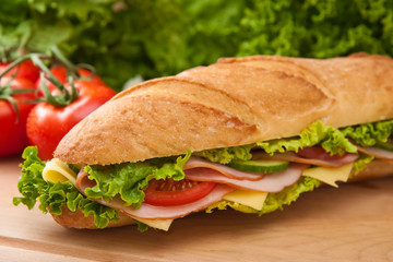 Close up of  a fresh ham & swiss submarine sandwich