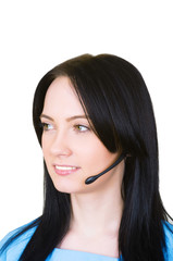 Medical call center concept - girl with headphone isolated on wh