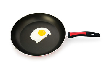 Frying pam with fried egg isolated on white