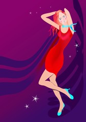 A pretty woman in a red dress dances