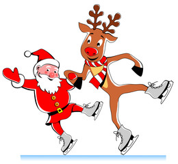 Santa and his reindeer on the skates