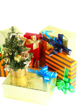 Pile of Christmas and New Year gift box with basket.