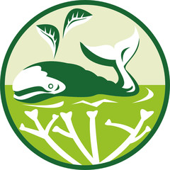 green whale blowing out leaves swimming sea with corals