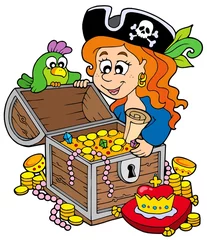 Papier Peint photo Lavable Pirates Femme pirate ouvrant le coffre au trésor
