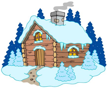 Wooden cottage in winter landscape