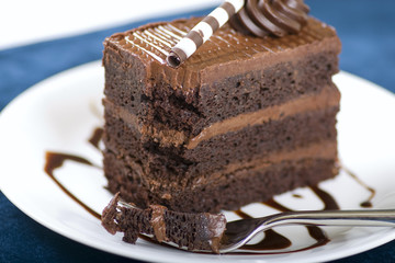 Closeup of a rich chocolate cake with a shallow DOF