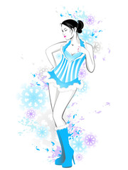 Christmas background with beautiful girl in blue dress