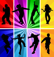 Fototapeta na wymiar Vector silhouettes of jumping and dancing kids in retro style.