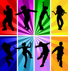 Vector silhouettes of jumping and dancing kids in retro style.