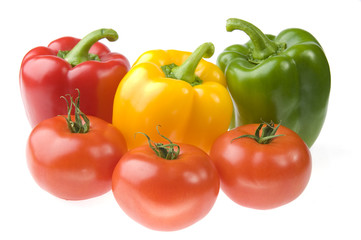 Three colored peppers and three tomatoes