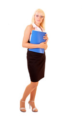 Young woman with blue folder isolated on white