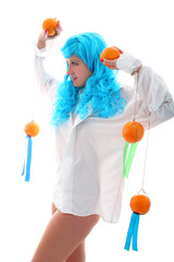 blue hairs girl with oranges