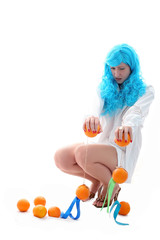 blue hairs girl with oranges