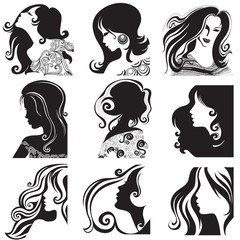 Vector set of closeup silhouette portrait of beautiful woman