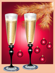Champagne flutes and Christmas tree