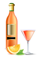 Vector realistic bottle on wine, orange and cocktail