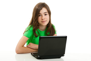 Girl using laptop isolated on white background