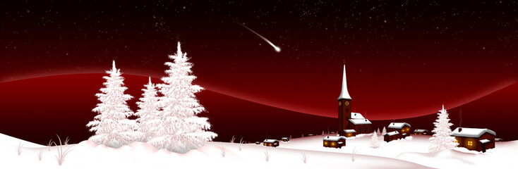Winter Landscape Panorama With Falling Star
