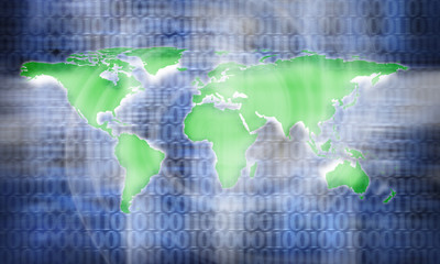 an image of flat world map on binary code background