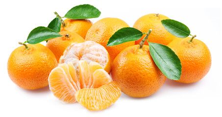 Tangerines with segments on a white background