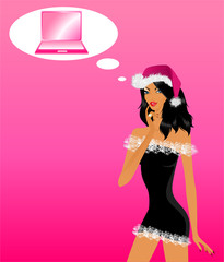 girl in the suit of snow maiden dreams about a laptop in a gift