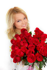 beautiful young girl with a bouquet of roses