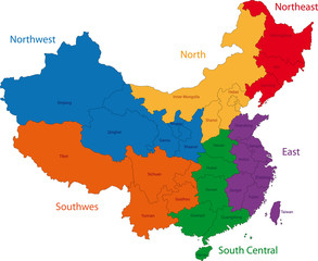 Color map of the regions and divisions of China
