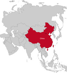 Location of China on the Asia continent