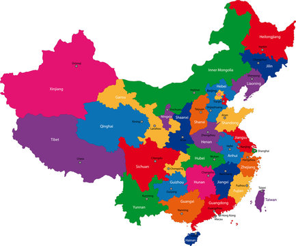 Colorful administrative divisions of China with capital cities