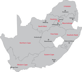 South Africa map with the provinces and the main cities