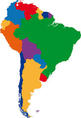 Colorful South America map with country borders