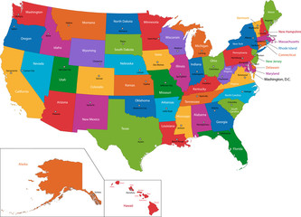 Colorful USA map with states and capital cities - obrazy, fototapety, plakaty