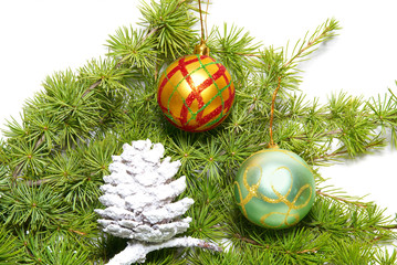 Christmas baubles, fir tree and decoration