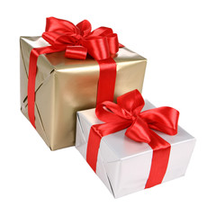 Gifts in silver and gold wrapping isolated on white background