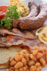 irish breakfast on a white plate with tomato
